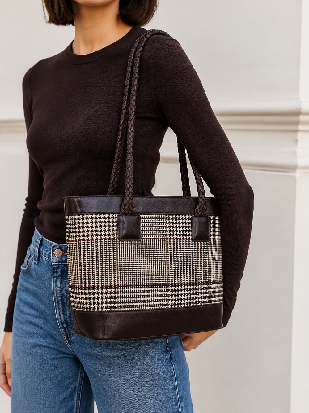 90s Ralph Lauren Leather Houndstooth Braided Strap Tote Bag Equestrian Old Money
